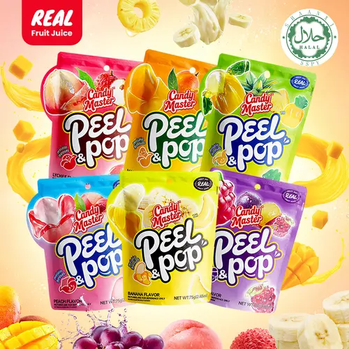 Candy Master Peel & Pop Peelable Gelatin Novelty Candies - 6 Fruity Varieties (Banana, Lychee, Grape, Peach, Mango, Pineapple), Individually Wrapped, Juice Concentrate-Infused, Halal Certified, Pick and Mix-Friendly, Ideal for Youth, Beach, Camping Snacks