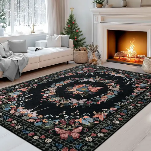 WISH TREE Bohemian Washable Rug, Modern Vintage Boho Butterfly Art Cozy Floor Cover, Ultra Soft Non-Slip Elegant Home Decor Mat for Living Room & Bedroom