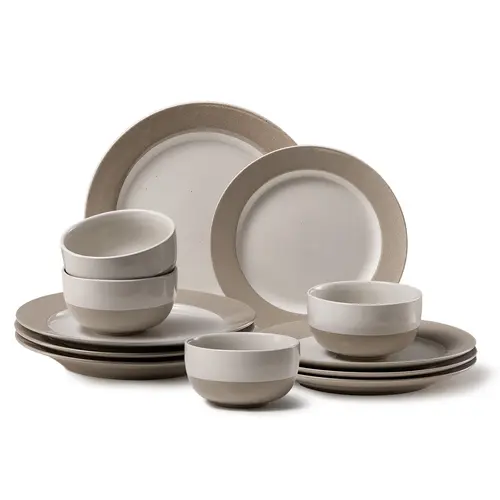 CAROTE [Official] 12Pcs Stoneware Tableware Set - Service for 4 (1-5 People), Includes Dinner Plates, Salad Plateset, Bowls & Mugs, Chip-Crack Resistant, Dishwasher & Microwave Safe, Everyday Home Use