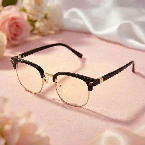 Vintage Semi Frame Eyeglasses - Black Metal-Frame Durable, Trendy Casual Accessory Non-Prescription Glasses with Blue Ray Filter for Work & Daily Wear