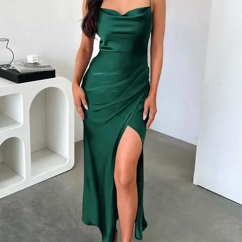 Elegant Feminine Solid Satin High Split Slit Sleeveless Dress with Thin Straps, Strappy, Ruffled Design, Perfect for Formal Special Occasions, Elegant Evening Wear and Night Out, Womenswear, Elegance, Lady