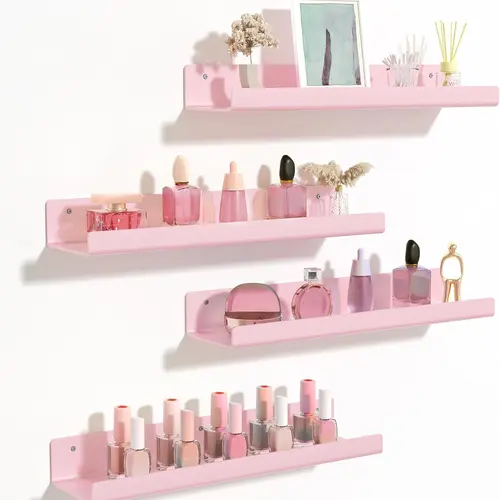 Pink Wall Mounted Acrylic Shelves, 15" Display Shelf Perfume Organizer for Bathroom, Bedroom, Living Room, Floating Bookshelves for Kids, Pink, 4 Pack