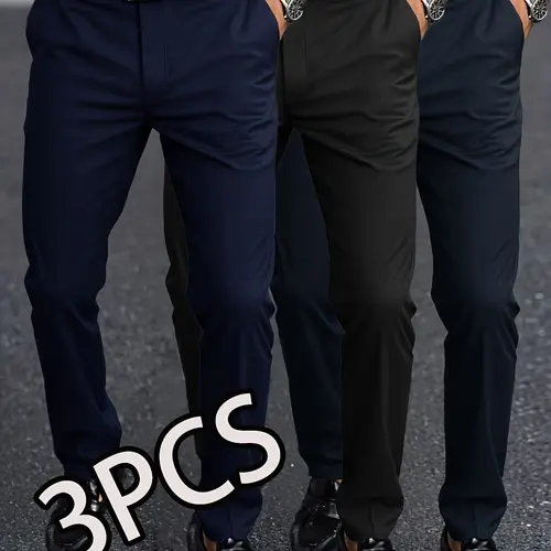 3-Pack Men's Casual Loose Straight Leg Stretch Dress Pants, Office Pants, Suit Pants, Wrinkle-Free Comfortable Trousers, Ideal for Work and Weekend Wear