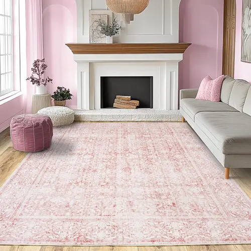 WISH TREE Blush Pink Vintage Floral Print Area Rug - Washable, Soft Low-Pile, Non-Slip Stays Put Grip Boho Country Style Country Garden Rug for Living Room, Kitchen Home Decor Aesthetic