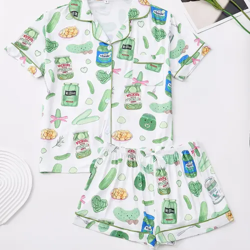Women's Two-Piece Set, Button Short Sleeve Top & Comfortable Shorts, Elegant Four-Season Sleepwear, Vegetable Print Design, Pajama Set, Loungewear