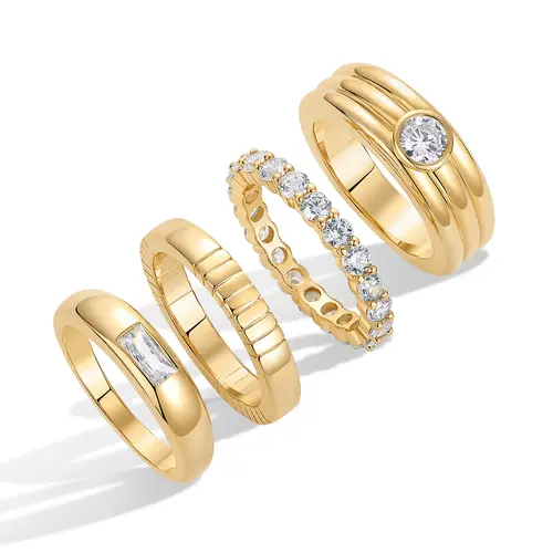 PAVOI 14K Gold Plated Stackable Rings for Women - Dainty Pack of Four Stackable Gold Ring with Cubic Zirconia - Multi-Bands Trendy Jewelry Set