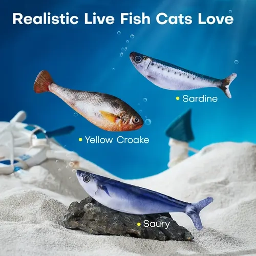 Potaroma Bite-Sized Realistic Flopping Fish Cat Toy, 3-Pack, Interactive & Rechargeable, with 3 Flapping Modes - Sardine, Saury, Yellow Croaker, 7.1 Inches, Durable Plush, Auto-Activated Motion for Cats #backtoschool