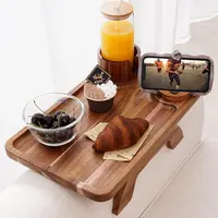 Sweetcrispy Acacia Wood Spring-Loaded Arm Sofa Armrest Table - 3-in-1 Clip-On Tray with Stable Surface, Cup Holder, 360° Rotatable Phone Holder for Sofa Snacking, TV Watching