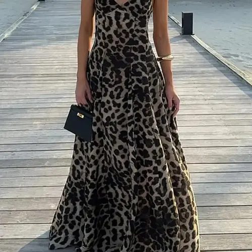 Women's Leopard Print Halter Neck Dress, Sleeveless Backless Adjustable Spaghetti Strap Design, Casual Summer Party, Summer Dress For Wedding Guest, Elegant Women's Clothing, Straps, Womenswear