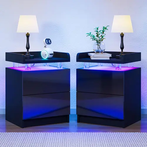 Aoxun 2-Pack 15in Modern Black LED Nightstands with Drawer - Assembled 2-Drawer Elevated Bedside Tables, Adjustable LED Mood Lighting, Remote Mood Glow, Color+Dim Control, Stable Acrylic Legs for Modern Bedroom