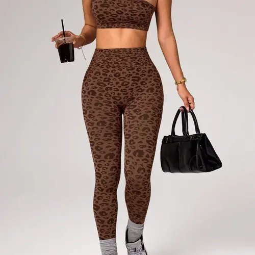 Women's Leopard Print Sports Two-Piece Set, Athletic Clothing Set, One-Shoulder Tank Top & High Waist Butt Lifting Leggings, Casual Spring & Summer Outfits for Workout, Yoga and Gym, Athletic Wear, Casual Wear