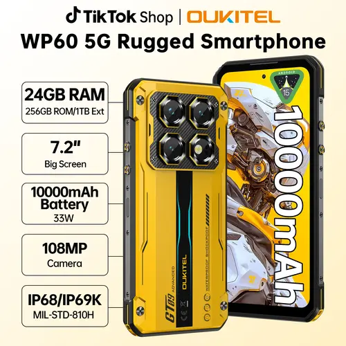 OUKITEL WP60 5G Rugged Phone, 7.2" Display with 120Hz Rugged Smartphone Unlocked, 48GB+512GB 2TB, 10000mAh/33W Fast Charging, IP68/IP69K Waterproof Cell Phones, 108MP Camera, Gemini AI/NFC/GPS/T-Mobile,back to school,back to school haul