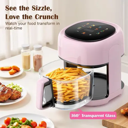 Pink 5QT 8-in-1 Glass Air Fryer with Visible Window, Touch Controls, Compact Nonstick Dishwasher-Safe Basket, Small, Portable Multi-Function Kitchen Appliance for Family Meals, Small Fryers, Portable Multi-Function Fryers tiktokshopbacktoschool, Easy Meal