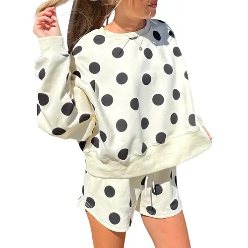 Mntaor Women's Beige Polka Dot Matching Set Drop Shoulder Top & Drawstring Shorts Cozy Two-Piece Loungewear for Casual Wear