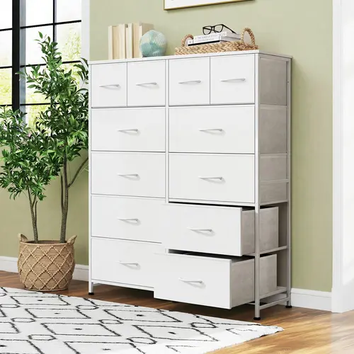 Sweetcrispy Tall Dresser with 12 Detachable Bins, Steel Frame, Display Space Wood Top, EPA/SGS Tested Furniture for Bedroom Storage Organizer, Epa/SGS Tested for Safer Home Storage