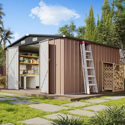 Aoxun Outdoor Metal Storage Shed, Weatherproof Garden Tool Shed with Lockable Door and Sloped Roof, Utility Storage Shed for Backyard, Patio and Lawn, Astronaut Nebula Star Design