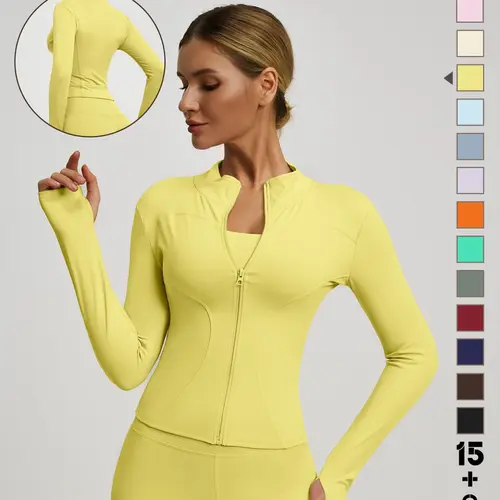 New Women's Zipper Jacket High-End Solid Color Belted Thumb Hole Long Sleeve Half High Neck Sporty Top, Stretchy Slim Fit Outerwear, Sports Outwear, Yoga Jackets, Thumbhole Jacket, Workout Jacket, Essential Yoga Jacket