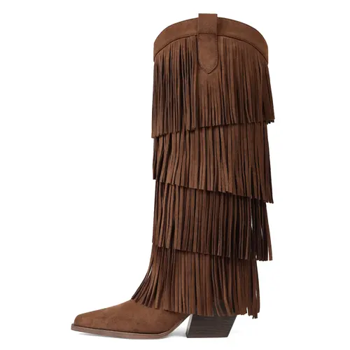 Women's Stylish Soft Suede Western Cowboy Boots - Pointed Toe, Chunky Heel, Tiered Fringe, Multi-Layer Tassel, Tall, Footwear Shoe with Western Bold Look