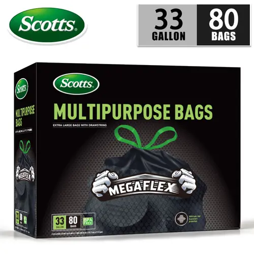 Scotts 80 Bags (33 Gal) Disposable Non-Rip Black Large Drawstring Trash Bags, Super Strong, Leak-Proof, Durable, Easy-to-Use, for Large Kitchen Garbage Cans, Home Supplies, 80 Bags(33 Gallon)