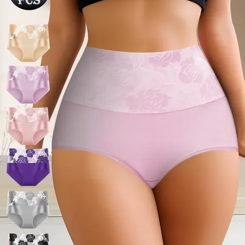 QUASTI 6 Pack High Waist Colorblocking Cotton Women's Briefs with Printed Design,High Elasticity Tummy Control Hip Lifting Elegant Underwear,Flower Power Panties,Soft Comfortable Womenswear Mixed Color,Fashionable Elegant Women's Panty,S-XXL