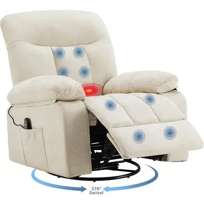 Sweetcrispy Chenille Fabric Rocker Recliner Chair - 270° Swivel Reclining Living Room Furniture with Vibration Massage, Lumbar Heating, Footrest, Relaxation Timer for Living Room, Bedroom, Smart Recliner Living Room Furniture
