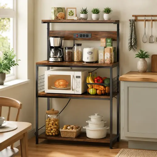 Sweetcrispy 4-Tier Kitchen Baker's Rack with Power Outlet - 12mm Indoor Furniture Shelf, Coffee Bar Table, Microwave Stand, 6 S-Shaped Hooks, Home Decor Household Items Kitchen Supplies Organizer Storage for Spices, Pots, Pans
