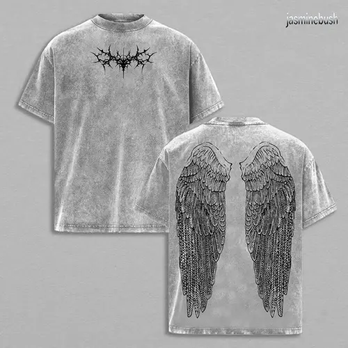 Y2K Gothic Wing Tee&Vest – Dark Oversized Vintage Hoodie | Washed Wing Graphic T-Shirt for Grunge Streetwear & Anime-Inspired Fashion