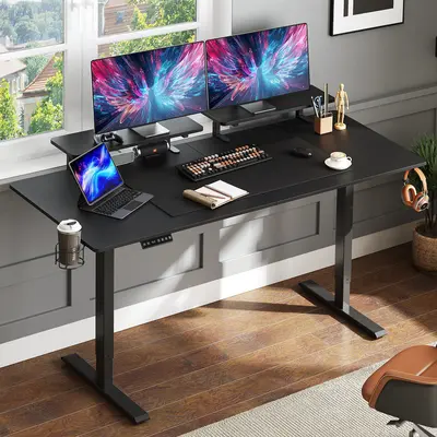 【DealsforYouDays】ONBRILL Modern Electric Standing Gaming Desk - 63x24 In Large Rectangle Top, 2 Adjustable Monitor Shelves, Memory Controller, 28-46 In Height Adjustment, Wide Legs for Office Computer Workstations, Gaming Desks