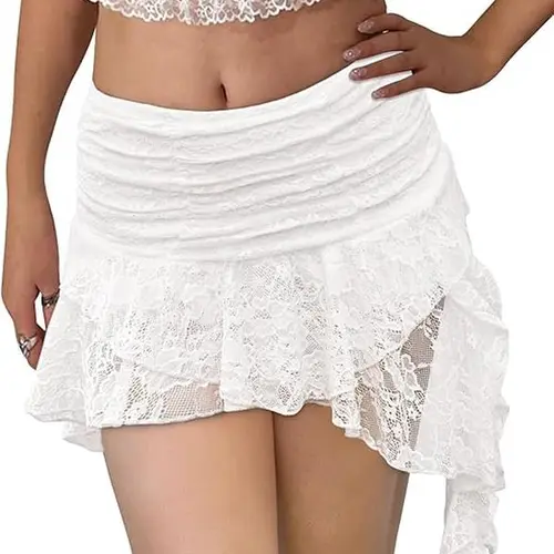 Yousify Women Y2K Lace Mini Skirt Low Rise Pleated Ruffle Short Layered Flowy Asymmetrical Fairy Half Slip Soft Breathable Stretchy Comfortable Basic Womenswear,summerwins,summeroutfits,vacationoutfits,beachoutfits,back to school shopping