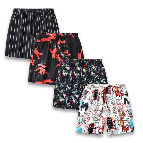 Men’s Summer Bold Graphic Design Shorts Set - Elastic, Above the Knee, Mixed-Color, Multipocket, Adjustable Drawstring Waistband, Breathable Fits, Fitted Cut, Casual Stylish for Everyday Wear