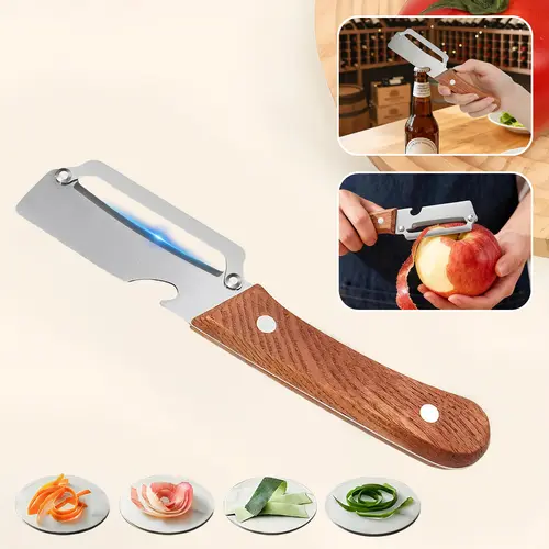 2-in-1 Vegetable & Fruit Peeler with Stainless Steel Blade and Bottle Opener, Wooden Handle Kitchen Tool for Potatoes, Apples, Zucchini, Papaya & Pumpkin #SummerVibes