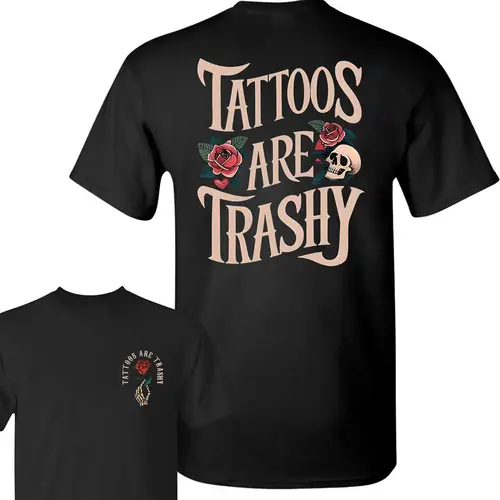 Unisex Relaxed-Fit Short-Sleeve Soft Fabric T-Shirt - Trashy Tattoos Graphic, Comfort Cotton, Classic Collar Sports Top for Men and Women (Full Colors, Full Sizes), Shortsleeve, Tshirt, Garment