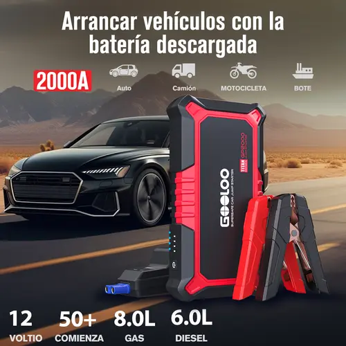 GOOLOO GP2000 12V 2000A Car Jump Starter - Automotive Tool Kit, Car Accessories for 8.0L Gas/6.0L Compression-Ignition Vehicles, SuperSafe Portable Lithium Battery Charger with Quick-Charge USB