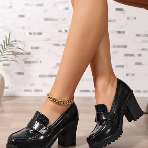 Women's Comfortable Chunky High Heel Pumps, Elegant, Classy, Stylish PU Upper, Rubber Sole, Thick Block Heel, All Seasons, Fashionable and Durable Shoes, Heeled Footwear, Chunky Heeled Shoe, Block High Heels