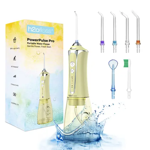 h2ofloss Yellow Water Flosser – 5 Pressure Modes, Up to 30-Day Battery, 300ml Tank & Quiet Oral Irrigator, IPX7 Waterproof
