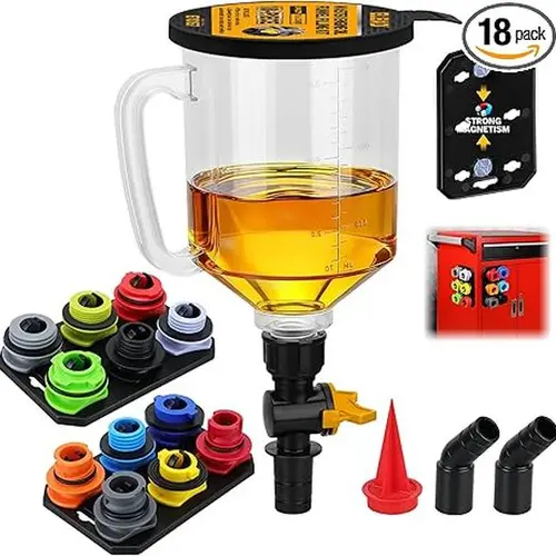 18-Piece Spill-Proof Automotive Funnel Kit - 1.59QT/1.5L Automotive Maintenance Tools, Oil Change Kit with 12 Adapters, Elbow Fitting, Arrow Screen, Magnetic Storage Tray, Portable for GM, Ford, BMW, Audi, Land Rover Car Repair