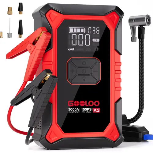 GOOLOO A3 12V Super Safe Lithium Jump Starter Car Tools - 3000A, 9.0L Gasoline Engine Compatibility, 150PSI Auto-Shutoff Tire Inflator Air Compressor, Tools And Gadgets