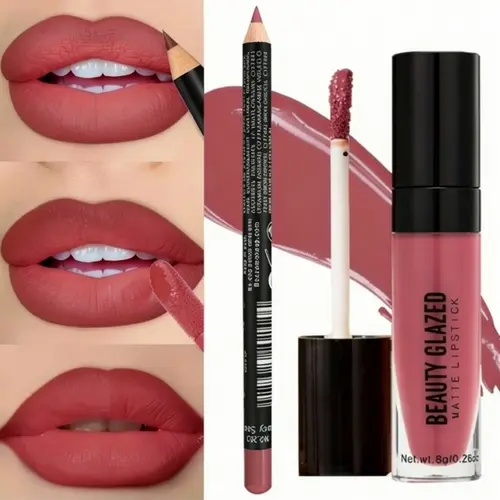 BEAUTYGLAZED 2pcs Lip Cosmetic Kit - Lip Liner, Gloss, Lipstick, Soft Matte Finish, Long Wear, Smooth Texture, Red & Brown Shades for Natural Look