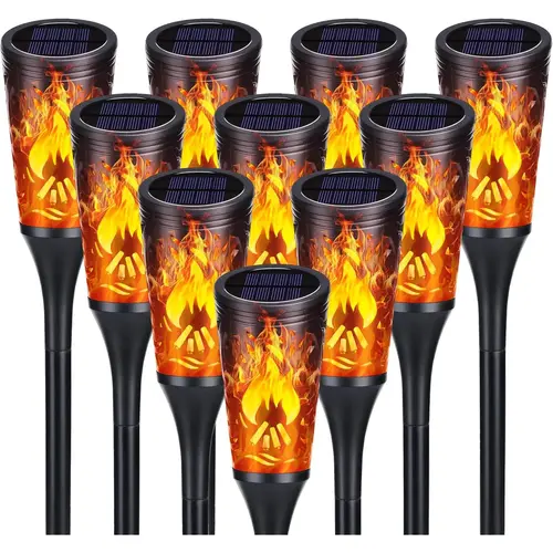 Halloween Decorations: Solar-Powered Outdoor Flame Torch Lights (10-Pack) – IP65 Waterproof, Ground-Insert Style; Suitable for Yards, Gardens, Walkways, Porches, and Halloween Party Decor