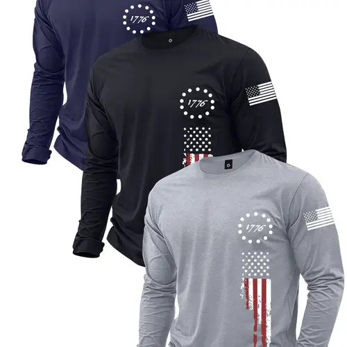 3pcs Men's Spring Autumn T-Shirt Set Long Sleeve American Flag Printed Patriotic Thin Tee Fashionable Versatile Basic Casual Round Neck Top for Daily Workout Street Style