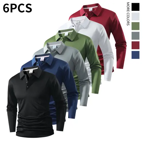 Six-piece men's long-sleeved polo shirts, with plain designs. The combinations are diverse, suitable for various style matching, such as for travel, business, golf, or suburban tours.,back to school,back to school shopping