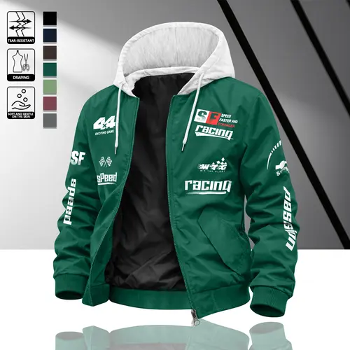 Men's Hooded Jacket with Racing Theme, Tear Resistant Fabric, Multiple Element Print, Colorblock Hood, Functional Pockets, Street Cool Style, Perfect for Casual Outings, Eye Catching Design, Ideal Choice for Spring and Summer Wear