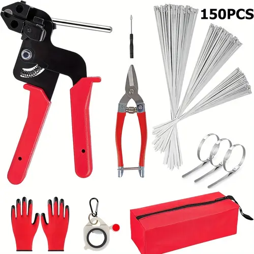 Heavy-Duty Stainless Steel Cable Tie Gun Set - Adjustable Tension Fastening & Cutting Tool with 150 Black Metal Wire Cable Ties, Suitable for Fences, Automobiles, Home