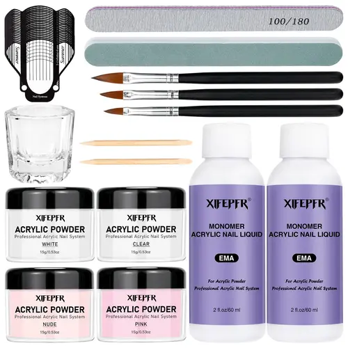 XIFEPFR Acrylic Nail Kit - Clear Pink White Nude Powder & Liquid Monomer Set with Brush Nail Forms Extension Kit for Beginners Home DIY Nail Art