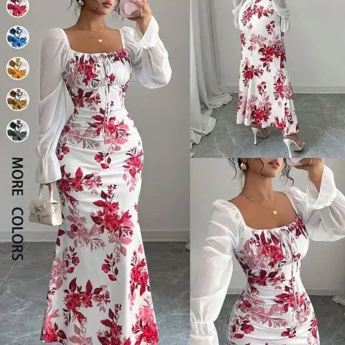 New Women's Floral Pattern Square Neck Tie Front Bubble Sleeve Chiffon Dress, Boho Style Summer Dresses, Casual Boho Breathable, Elegant Long Dress for Parties, Casual Wear, Chic Slim-Fit Dress for Spring, Summer and Fall