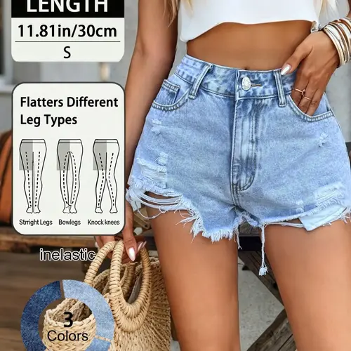 Women's Elegant Distressed Denim Shorts, Summer Fashion Streetwear, Casual Ripped Frayed Hem, High Waist Fitted Button Fly, A-Type Plain Design, Denim Jeans Shorts