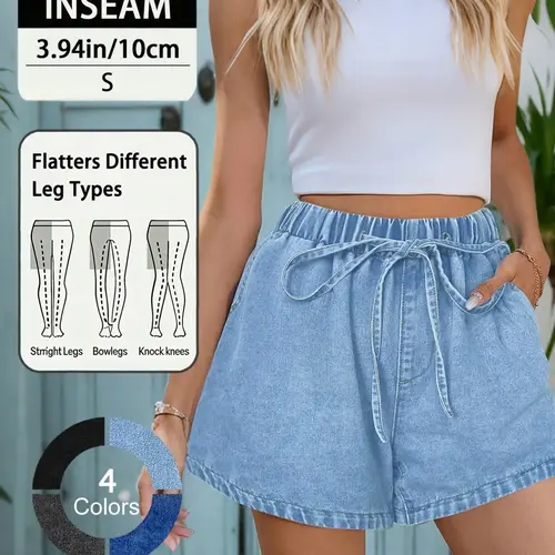 Elegant Summer High Waist Loose Fit A-Line Basic Denim Shorts, Women's Comfortable Elastic Waist Slimming Jeans, Fashionable Casual Wear