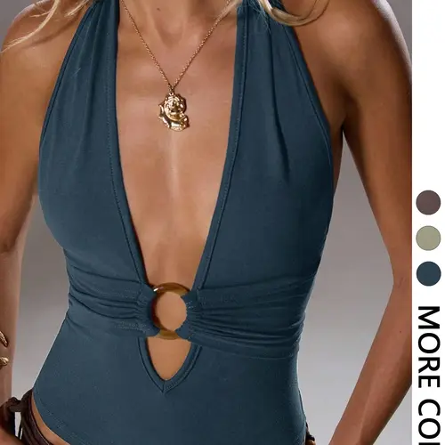 Viral Teal Halter Crop Top, Deep V Cutout, Backless Design, Y2K Summer Outfit, Must-Have Halter Sleeveless Top, Summer Tops Trendy, Womenswear