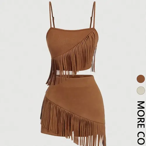 Adjustable Strap Fringe Outfit, Western Spaghetti Strap Sleeveless Cami & Short Skirt Matching Set, Casual Beach Set, Fashion Sets, Womenswear