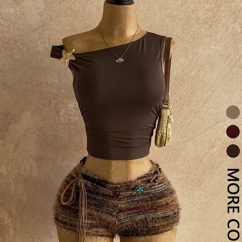 Y2K Aesthetic Casual Womenswear One-Shoulder Sleeveless Metallic Accent Crop Top & Vintage Fringe Tweed Shorts Set Striped Sets Shorts Sets Outfits Summer Sets